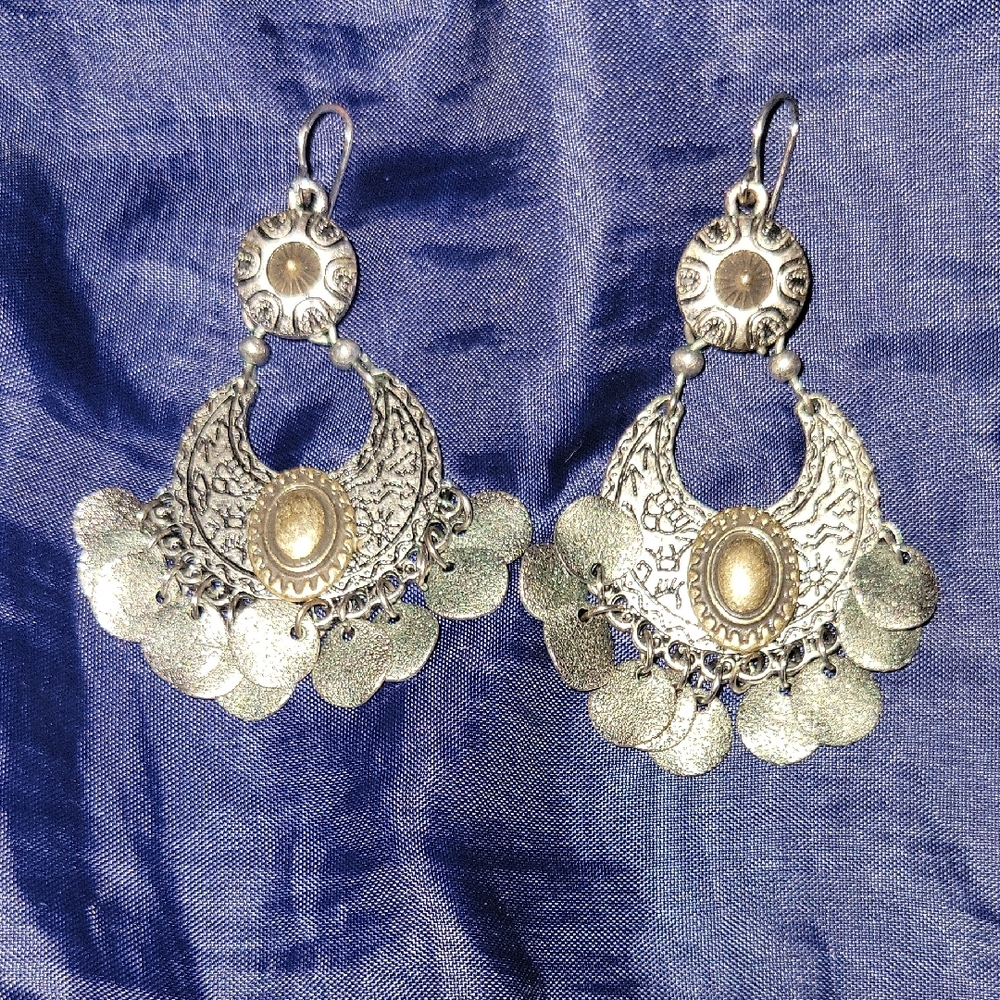 World Market Boho Style Earrings Silver Color Metal, Brass Accents